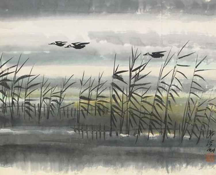 林風眠《蘆蕩飛雁圖》，彩墨、紙本，40 x 50.5 cm，1970-1978 ，預估價：280萬至380萬元新臺幣。（羅芙奧提供）
