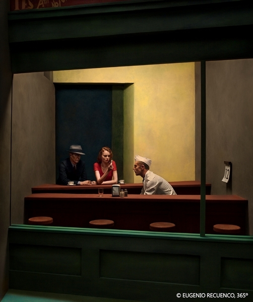 《10月12日》本作致敬愛德華·霍普(Edward Hopper)的經典畫作《夜遊者》(Nighthawks)，作品中的每一個元素在空間和大小上都與原畫中的元素相對應。特別的是，尤傑尼歐已經為他創作過一幅作品《the Lavazza calendar》，作品中超級英雄們半夜裡來喝咖啡。這就是為什麽本作中的杯子是Lavazza的。