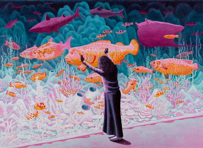 孫培懋《我曾想像著自己就是幽暗深海裡的那條魚》，壓克力畫布，150×206 cm，2018。（藝術家及伊日藝術提供）