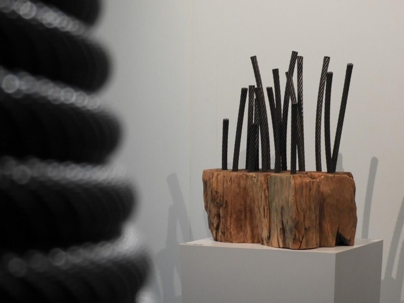 這次的展出除了雕塑作品之外還有其他特殊的展品，如：101電梯鋼索，展期將延至8月14日。（康木祥工作室提供）