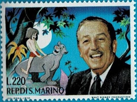 圖片四│世界第一套迪斯尼卡通郵票由聖馬利諾(San Marino)於1970年12月22日發行。一套十枚（包括華特．迪士尼以及其筆下知名動畫主角米奇、米妮、唐老鴨、高飛、布魯托、皮特、三隻小鴨等）的其中之一，即迪士尼創辦人華特．迪士尼人像，郵票畫面左為華特在1967年製作發行的動畫長片《森林王子》