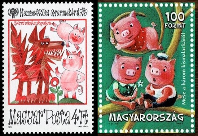 圖片十│左為匈牙利郵政1979年配合國際兒童年發行童話專題郵票之三隻小豬。 右為匈牙利郵政2009年_紀念匈牙利兒童文學家Elek Benedek誕辰紀念小全張郵票中之三隻小豬。