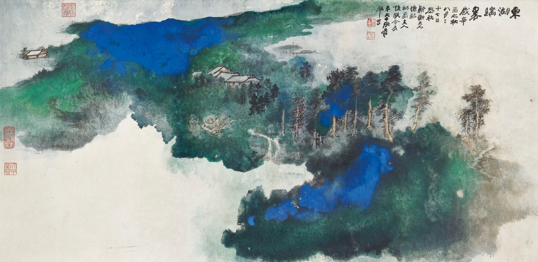 拍品1055:張大千〈東湖瑞翠〉,設色紙本、鏡框,1981年作,估價4000萬至6000萬港元,未成交。(香港佳士得提供)