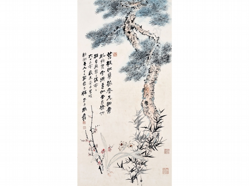 拍品1052:張大千〈松竹梅〉,設色紙本、鏡框,1976年作,估價200萬至250萬港元,成交價768萬5000港元。(香港佳士得提供)