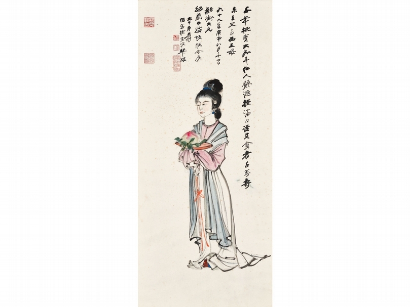拍品1054:張大千〈 獻壽圖〉,設色紙本、鏡框,1980年作,估價120萬至200萬港元,成交價237萬5000港元。(香港佳士得提供)