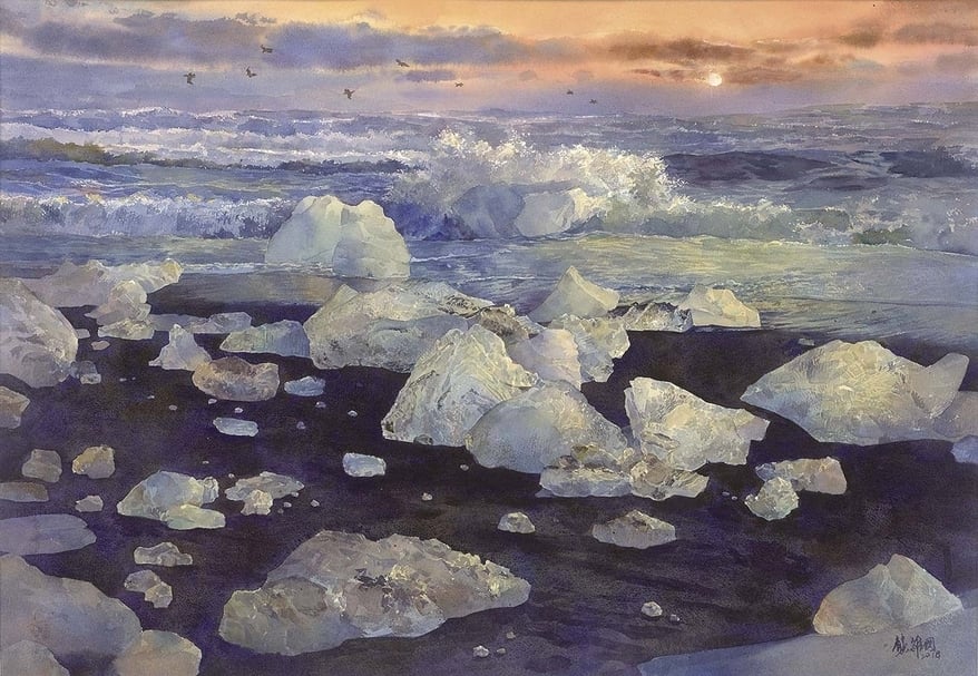 龔維國《鑽石沙灘》，水彩，52×76cm，2018。「璞玉發光-全國藝術行銷活動」作品。（台中藝術博覽會提供）