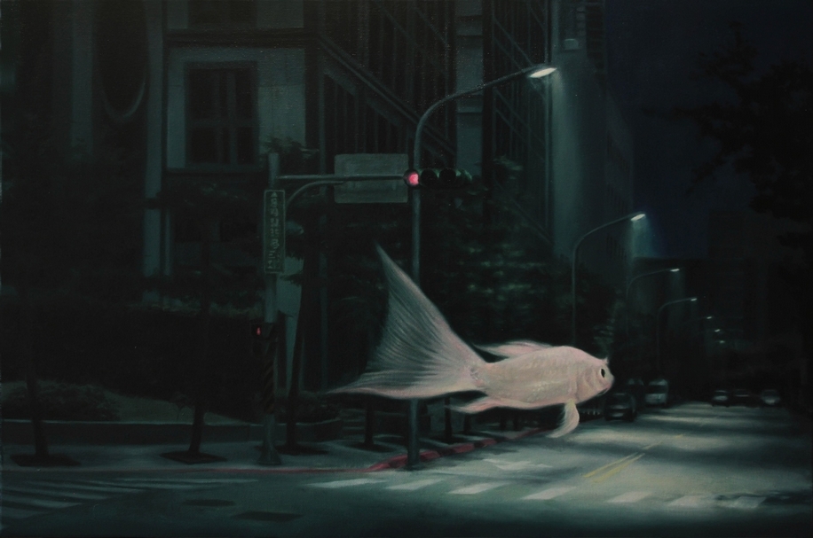 林仲威《城市遊魂》，油彩畫布，75x50cm，2019。（99度藝術中心提供）