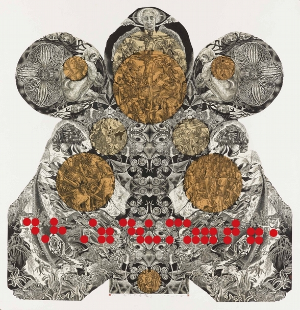 羅平和《達悟的夢魘 ─9》，凸版、木口木版，120 x 115 cm，2016，國立臺灣美術館典藏。（國立臺灣美術館提供）