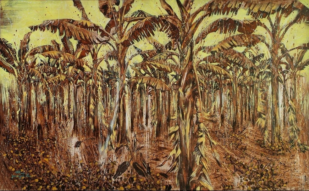 李俊賢,《南島風光—金蕉園》,油畫,128 x 208 cm,1996,國立臺灣美術館典藏。(© 國立臺灣美術館)