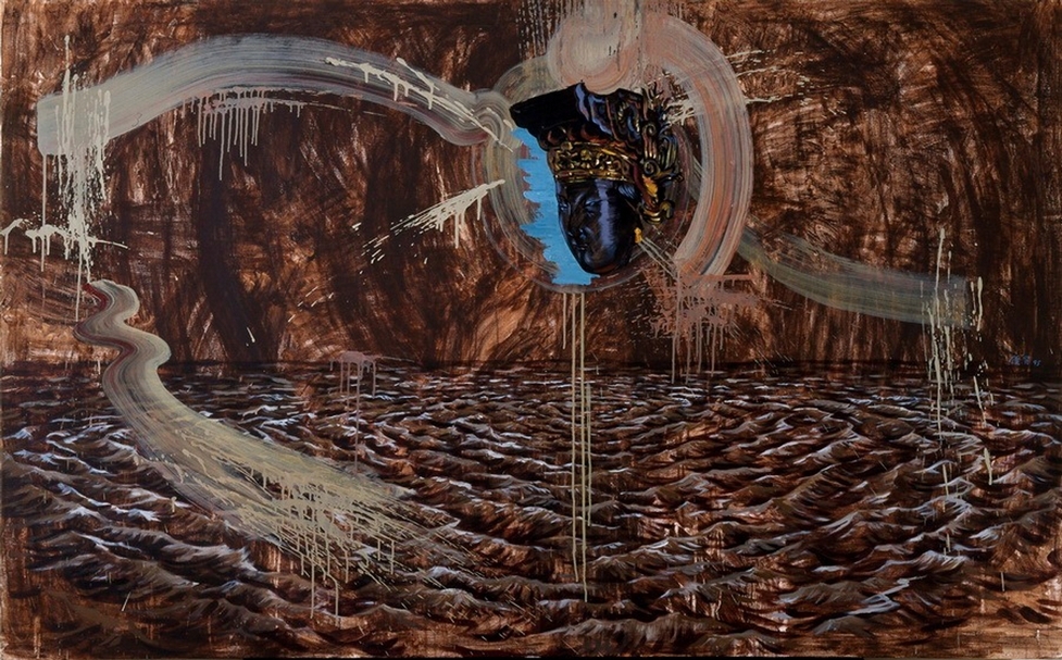 李俊賢,《媽祖在黑水溝上》,壓克力顏料、畫布,128 x 207 cm,1994。(© 南畫廊)