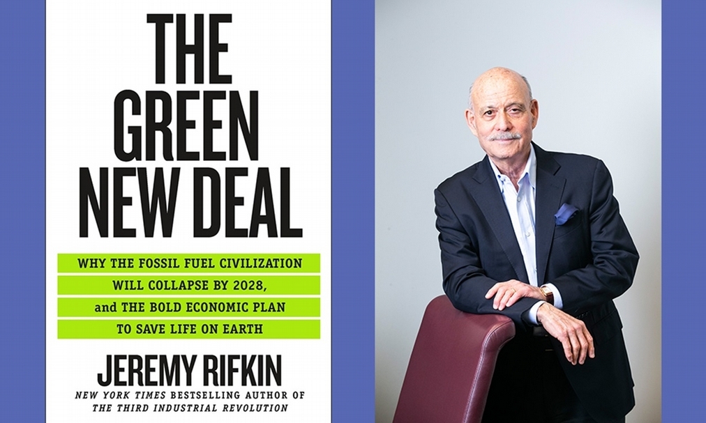 傑瑞米．里夫金（Jeremy Rifkin）與其 2019 年出版的《綠色新政》（Green New Deal）。（本刊資料室）