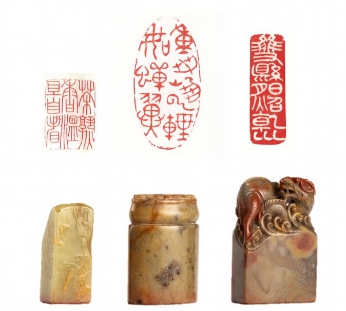 陳之初舊藏，王壯為刻閒章三方，左起：王壯為1972年「茶熟香溫且 自看」（2.3×1.6×5.5 公分） ；1981年作 「重若崩雲輕如蟬翼」 （5.3×3.3×7.2公分）、 1981年作「雙懸日月照 乾坤」（4.7×1.5×7.2公 分），起拍價新臺幣60 萬元。（東京中央沐春堂提供）