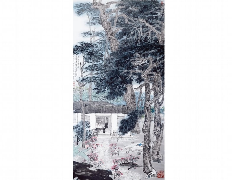 李義弘1995年作〈白沙草堂治印圖〉，139×69.5公分， 起拍價新臺幣18萬元。（東京中央沐春堂提供）
