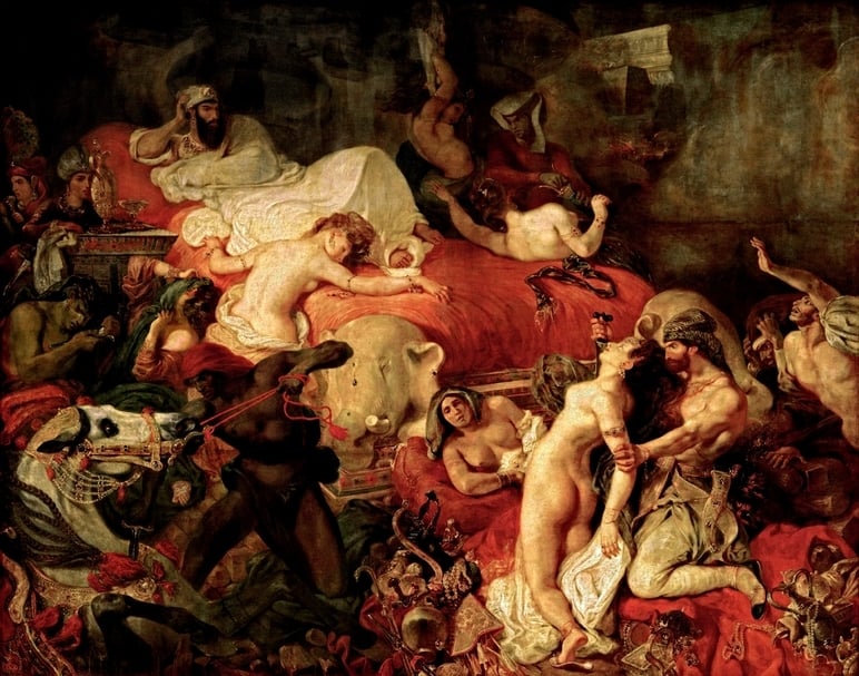 Eugène Delacroix, The Death of Sardanapalus, Oil on canvas, 392 cm × 496 cm, 1827, Louvre. (Public domain)