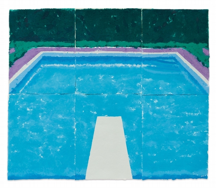 大衛．霍克尼（David Hockney）《雨天裡的游泳池（22號游泳池）》（Pool in a Cloudy Day With Rain (Paper Pool 22)），1937。（倫敦蘇富比提供）
