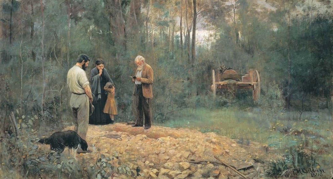 麥庫賓（Frederick McCubbin）《野外葬禮》（A Bush Burial）。（© Geelong Gallery）