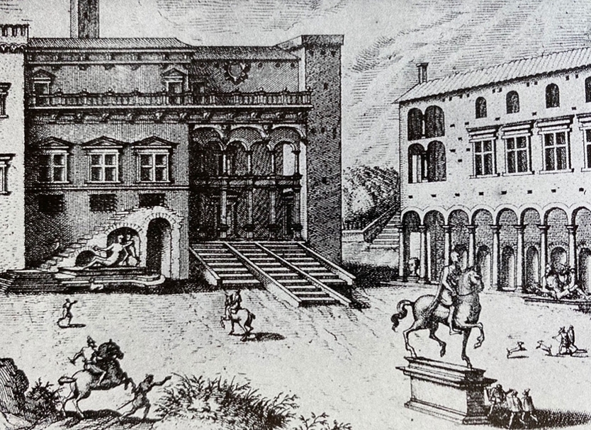 1471年，在羅馬創立的最古老的卡皮托林博物館 （Capitoline Museums）的圖錄內頁的插圖「卡皮托林山丘上的廣場」（The piazza on the Capitoline Hill）。（陸仲雁提供）