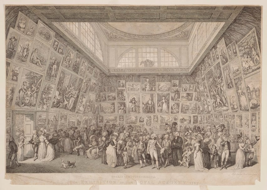 約翰．海因里希．蘭博格（Johann Heinrich Ramberg），《1787年皇家藝術研究院夏季展覽》（The Exhibition of the Royal Academy, 1787），32.5 cm x 49.7 cm，銅版印刷，1787，英國皇家藝術研究院典藏。（© Royal Academy of Arts）