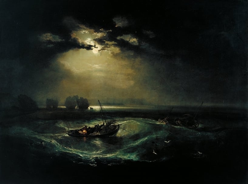 透納於1796年首次向夏季展覽投件，後他也持續參展。透納（Joseph Mallord William Turner），《海上漁夫》（Fishermen at Sea），油彩、畫布，91.4 cm × 122.2 cm，泰德美術館典藏。（Public domain）