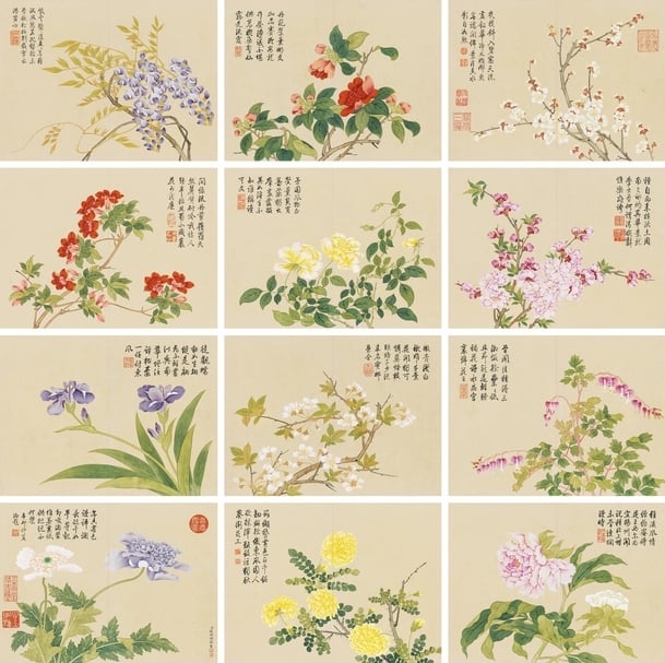 錢維城《花卉冊》冊頁（十二開）， 設色紙本 ，27.5×37 cm（每幅）。（中國嘉德提供）