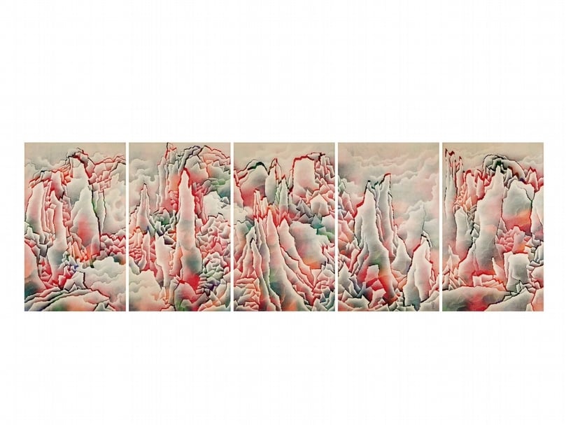 仇德樹《裂變－山景》（五聯作）， 紙本、綜合材料，210×125.5 cm（每幅）。（中國嘉德提供）