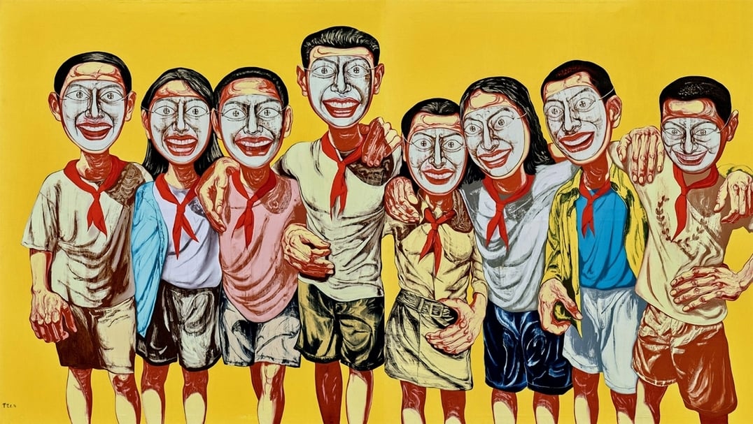 曾梵志《面具系列1996 NO.6》，油彩、畫布，每件：199 x 179.3 cm，整體：199 x 358.6 cm ，1996，估價待詢。（永樂拍賣提供）