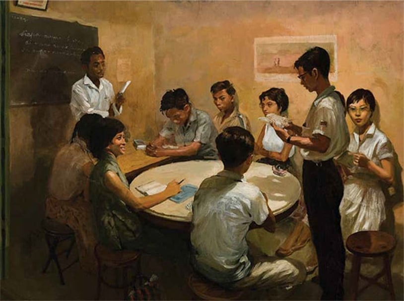 蔡明智（Chua Mia Tee），《國語教室》（National Language Class），油彩、畫布，112 cm x 153 cm，1959，新加坡國家美術館典藏。（© National Gallery Singapore）