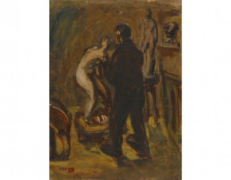 洪瑞麟《日本畫室》，1935，油彩、紙，38.7×28.7 cm（臺北市立美術館提供）