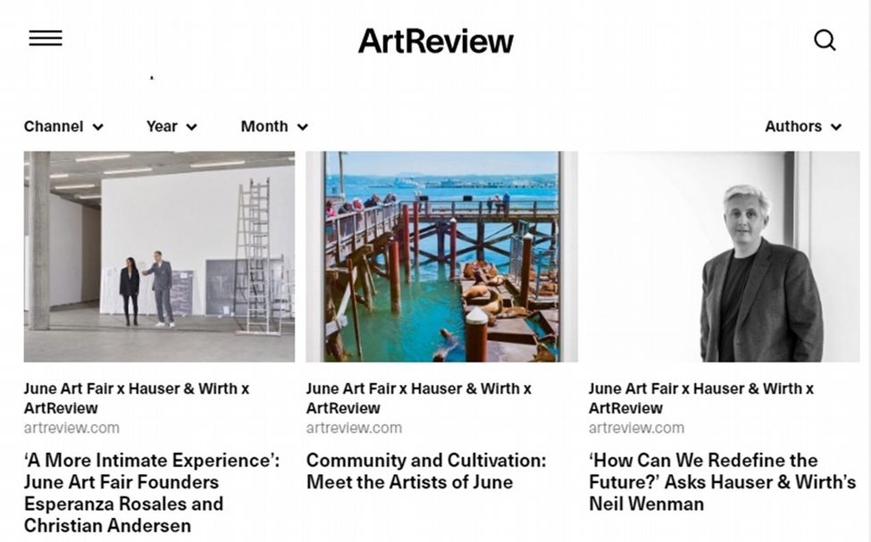 藝術雜誌《ArtReview》協助June藝博會之線上展廳，專為其打造一個迷你網站（microsite），為參展畫廊提供其他內容支持。（圖片截取自《ArtReview》官網）