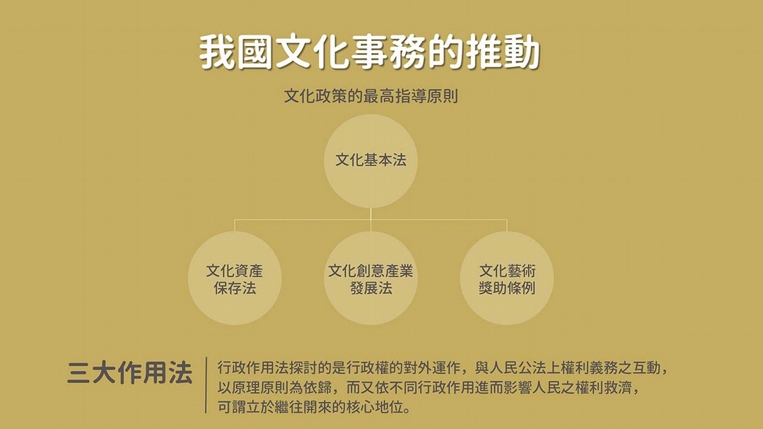 《文化藝術獎助條例》（簡稱文獎條例）早在1980年代就被立委提出，最初是為了扶植文化藝術事業和保障文化藝術工作者的權益，此精神一直延續至今。雖然隨著時代變遷，文化政策與藝文形式產生許多改變，它仍然是扶植我們國家文化事業的重要作用法之一。（文化藝術獎助條例研修說明會提供）