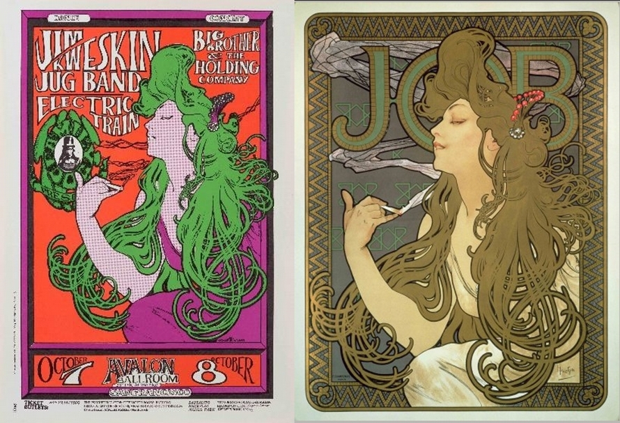 美國吉姆·基威斯金水罐樂隊(Jug Band)音樂海報便是致敬慕夏的香菸宣傳海報《若普(JOB)》/圖 慕夏基金會ⒸMucha Trust 2020