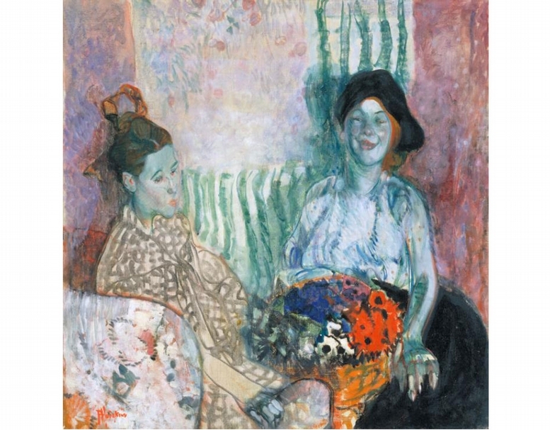 法蘭卻絲．霍金斯（Frances Hodgkins）《拉芙戴與安：兩位女士與一籃花》（Loveday and Ann: Two Women with a Basket of Flowers），1915，67.3 x 67.3 cm，油彩畫布，泰德美術館藏。（© tate museum）