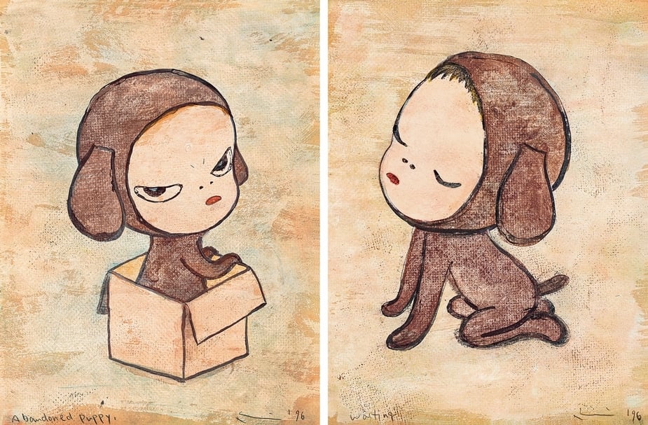 奈良美智《被遺忘的小狗、等待》(雙聯作), 壓克力彩、紙本,32 × 24 cm×2,1996年作,估價:220萬至 320萬港元。(中國嘉德香港提供)
