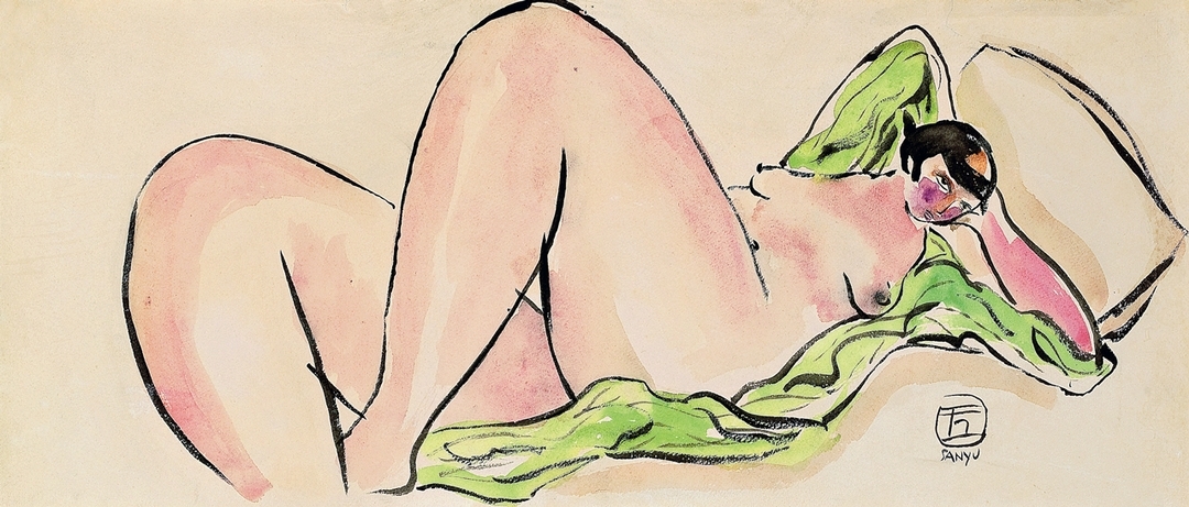 常玉《仰臥的綠衣仕女》,墨、水彩、紙本,22 × 50.5 cm ,1920至1930年代作,估價:100萬至 200萬港元。(中國嘉德香港提供)