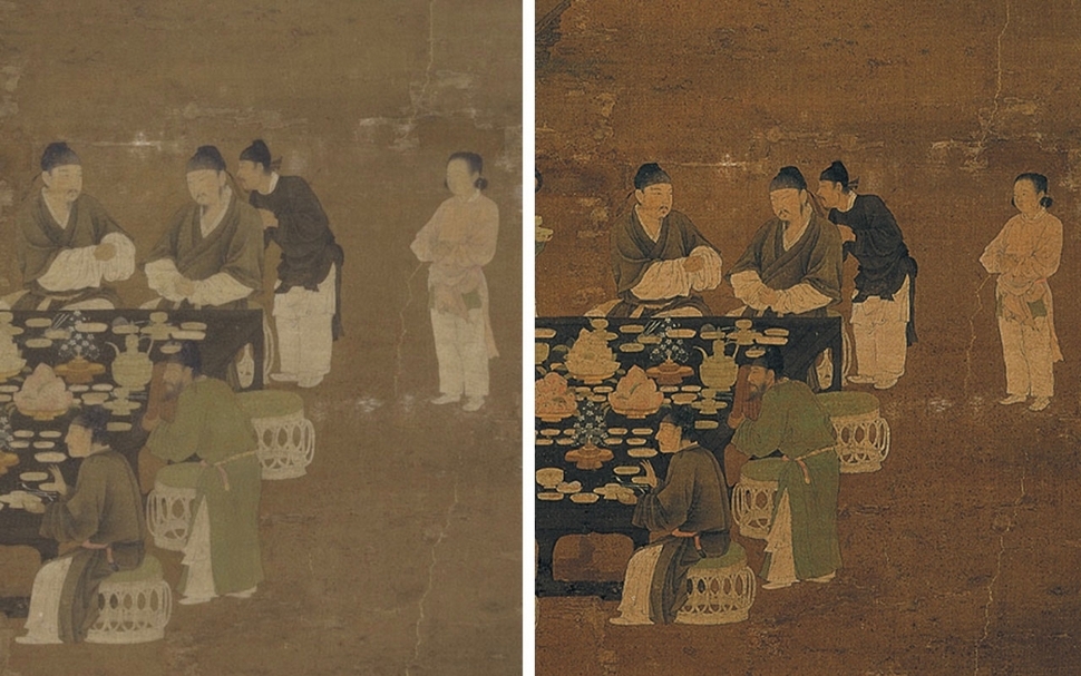 宋徽宗《文會圖》，右是2005年「大觀：北宋書畫」網站的成像，左為Google Art project 中的成像。二者色澤差異是因故宮藏品曾重拍，可看出在攝影技術變遷下，重拍影像（左）更貼近實物原貌。（圖片擷取自Google Art project及「大觀：北宋書畫」網站）