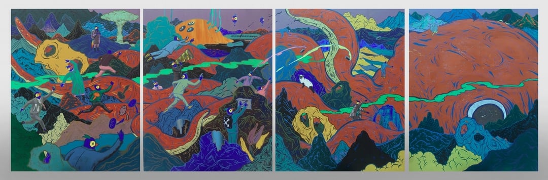 「2020台灣美術雙年展」子題六「獸倣者/獸形人」展出作品：張騰遠《沉睡結束》，壓克力、畫布，116.5 × 364 cm，2020，私人收藏。（國立台灣美術館提供）