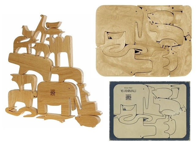 由義大利Danese公司出的玩具「十六隻動物拼圖」（the Sedici Animali puzzle）。圖片來源：http://theanimalarium.blogspot.com/，Enzo Mari's playful simplicity，2009