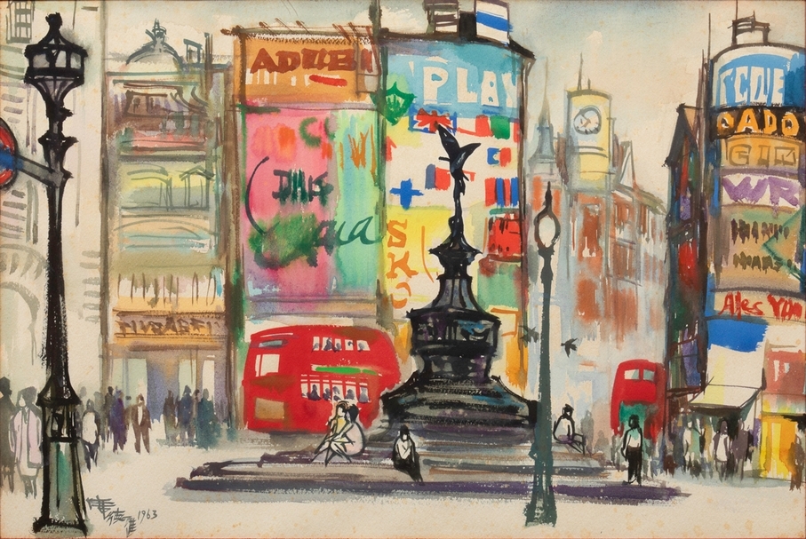 席德進《倫敦皮卡地里圓環》，1963，38.7x57.5cm。（PTT空間提供）