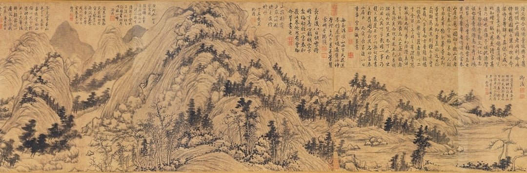 《富春山居圖（子明卷）》便是乾隆皇帝最熱愛的藏品之一，上方空白處幾乎無一處沒寫滿題跋。（© 國立故宮博物院）