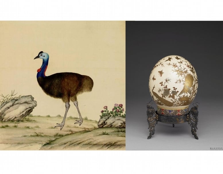 （左）余省、張為邦，《鳥譜》，第31開，北京故宮博物院藏。 （右）《描金花鳥鴕鳥卵》，國立故宮博物院藏。