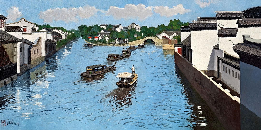 龐均《小舟從此逝，江海寄餘生》，油彩、畫布，90 × 180 cm，2014年作，估價：80萬至120萬港元。（中國嘉德香港提供）