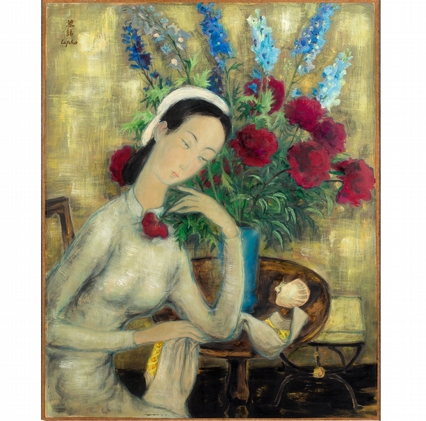 黎譜 《少年與芍藥花》 (Jeune fille aux pivoines) ,絹本設色,左上角簽名/ 91x71 cm ,出處:巴黎Romanet畫廊1950年代購入,編號37/雅典私人收藏。(法國奧古特拍賣公司提供)