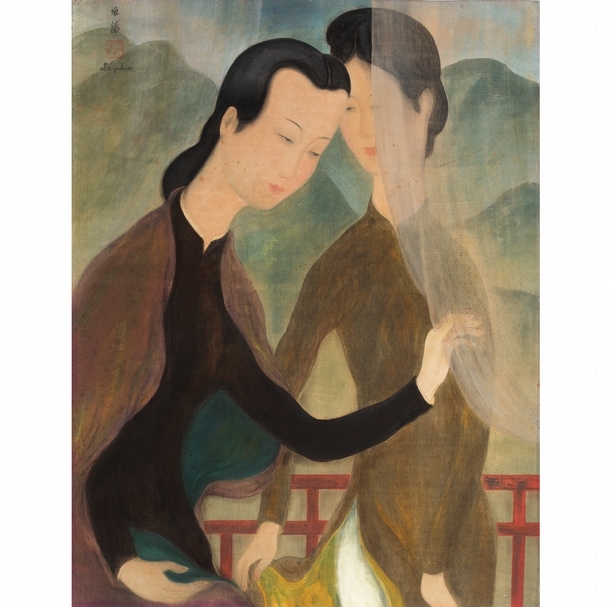 黎譜 《憑欄姐妹花》(Les deux soeurs au balcon ) ,絹本設色,左上角簽名,背後著題識/60x46cm 出處:Romanet畫廊/私人收藏(1940年代從畫廊購入)/後代保存。(法國奧古特拍賣公司提供)