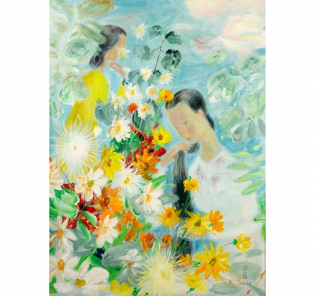 黎譜《花園中的少女》(Jeunes filles dans un jardin fleuri ) ,帆布油畫,右下角簽名 尺寸:100 x 73 cm。(法國奧古特拍賣公司提供)
