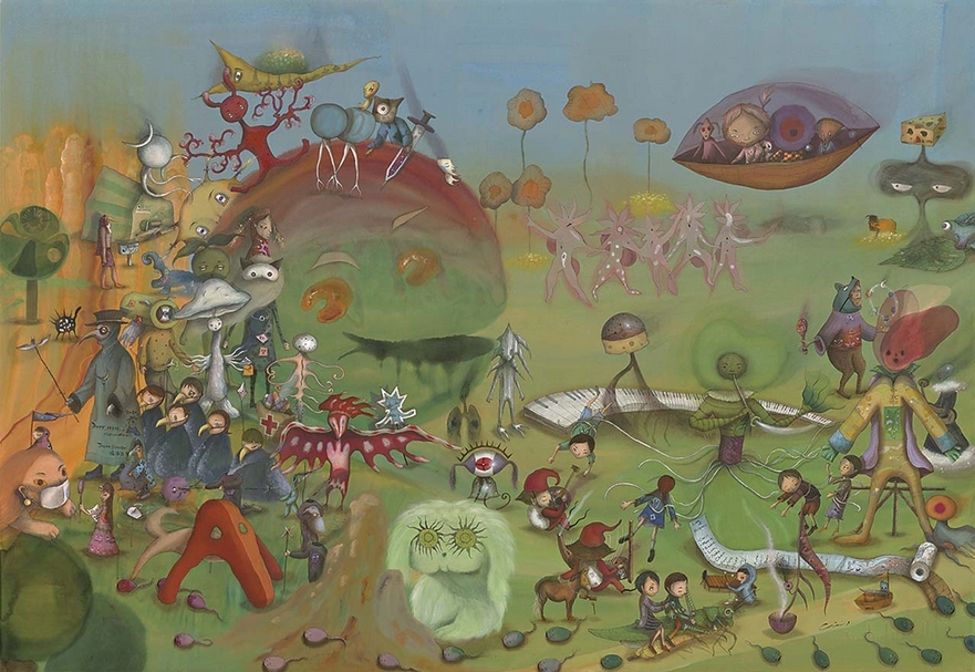 中原千尋《綠色使者的歷遊記》，壓克力、畫布，112×162cm，2020。（傳承藝術中心提供）