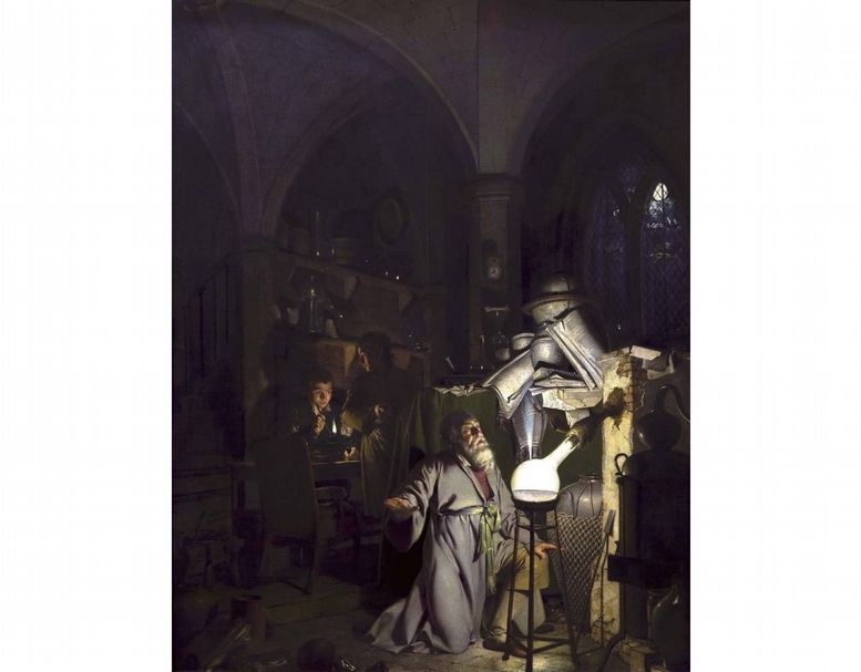 約瑟夫.賴特(Joseph Wright of Derby)的《尋找賢者之石的煉金術士》(The Alchemist in Search of the Philosopher's Stone, 1771)。©Wikipedia