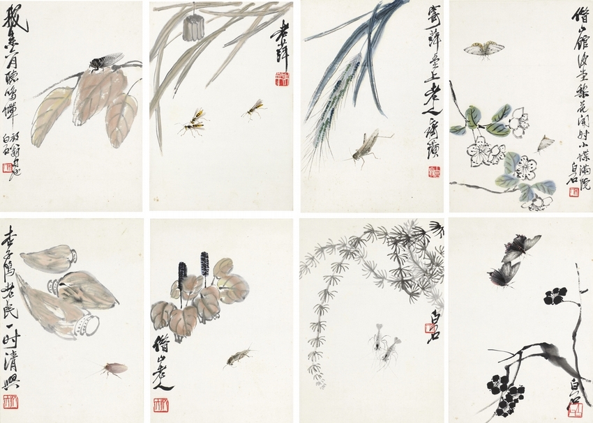 齊白石《花卉工筆草蟲冊八開》 ，設色紙本、鏡心，35×23cm×8。（北京保利提供）