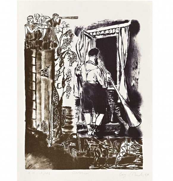 尼奧．勞赫與蘿莎．洛伊《Der Turm》，Two-coloured lithograph on handmade paper ，Sheet: 36×27cm; Image: 31×23cm，Edition of 35，2019。（courtesy Galerie EIGEN + ART Leipzig/Berlin and David Zwirner New York/London/Hong Kong Photo: Uwe Walter, Berlin）