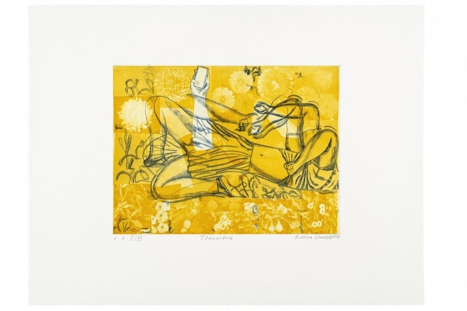 斯蒂娜．舒特（Kristina Schuldt）《Flowerbed》，Colour etching / photogravure (2 plates)， Sheet: 20.87 x 27.56 in I 53 x70 cm; Image: 11.8 x 15.75 I 30 x 40 cm ，Edition of VI。（courtesy Galerie EIGEN + ART Leipzig/Berlin Photo: Uwe Walter, Berlin ）