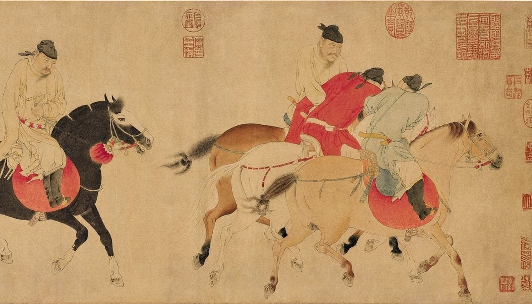 任仁發《五王醉歸圖》局部。（蘇富比提供）